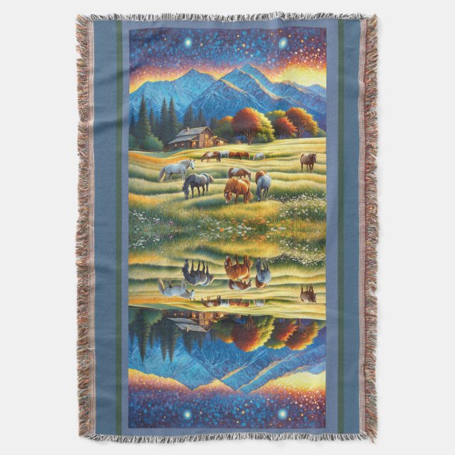 Horse on Farm Wildflower Meadow Throw Blanket (Front Vertical)