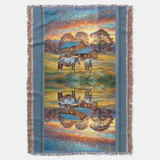 Horse on Farm Wildflower Meadow Throw Blanket
