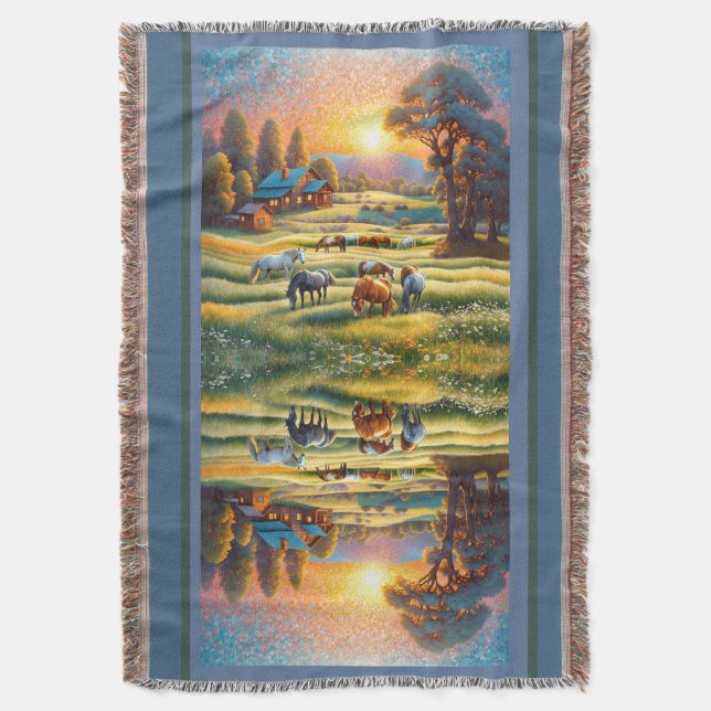Horse on Farm Wildflower Meadow Throw Blanket (Front Vertical)