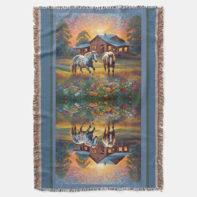 Horse on Farm Wildflower Meadow Throw Blanket (Front Vertical)
