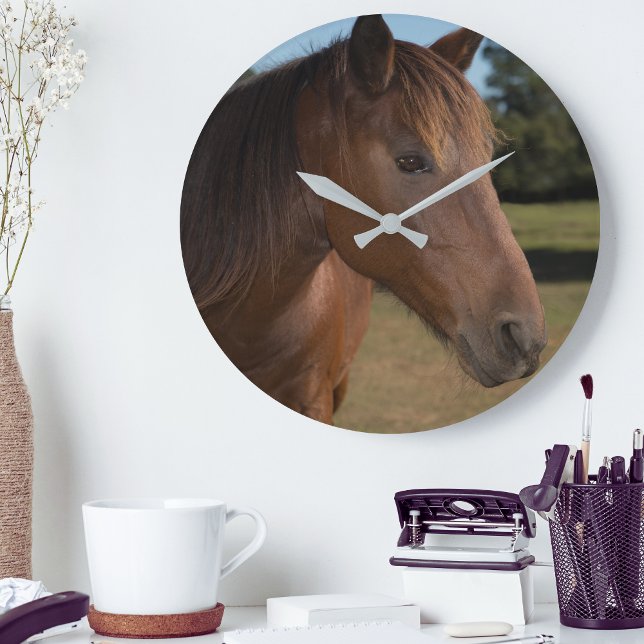 Horse on Round Clock (Equestrian Brown Horse Large Clock)