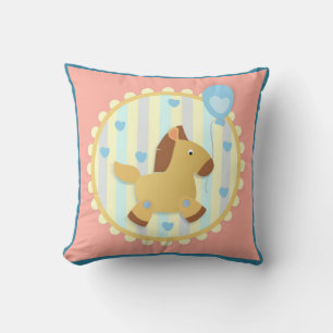 Horse on Warm Stripe Background with Blue Hearts   Cushion