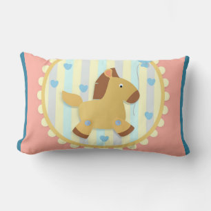Horse on Warm Stripe Background with Blue Hearts Lumbar Cushion