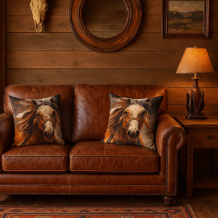 Horse Painted Feathered Mane Wild Spirit  Decorative Cushion