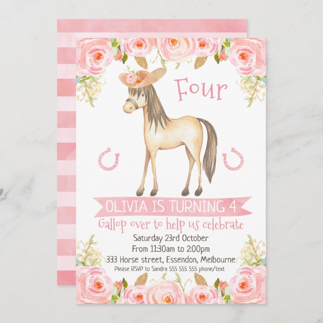 Horse party invitations for girl (Front/Back)
