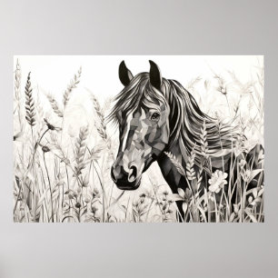 Horse Peaceful Nature Prairie Sketch Drawing Style Poster