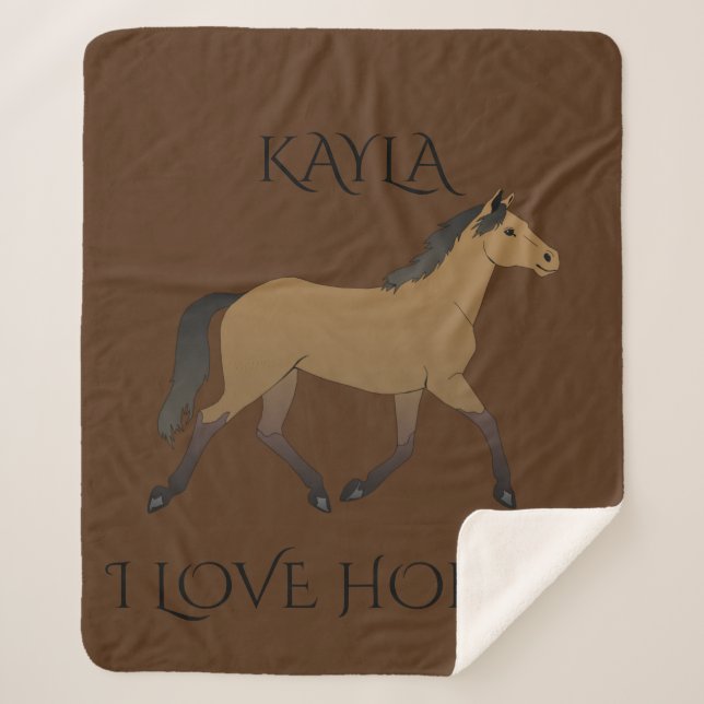 Horse personalized sherpa blanket in brown. (Front)