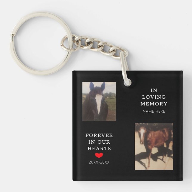 Horse Pet Memorial Red Heart Two Photo Customised Key Ring (Front)