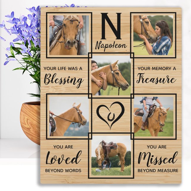 Horse Pet Memorial Wood Grain Photo Collage Plaque (Creator Uploaded)