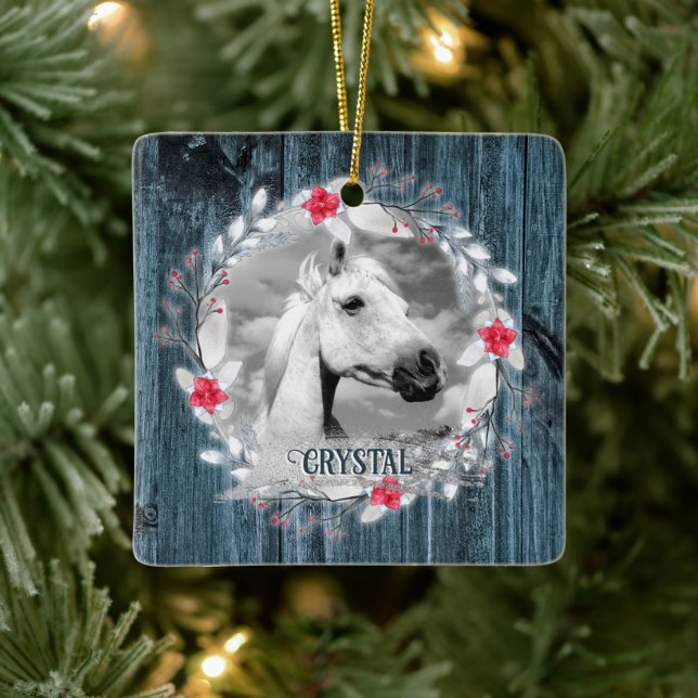 Horse photo blue wood frame silver ceramic ornament (Tree)