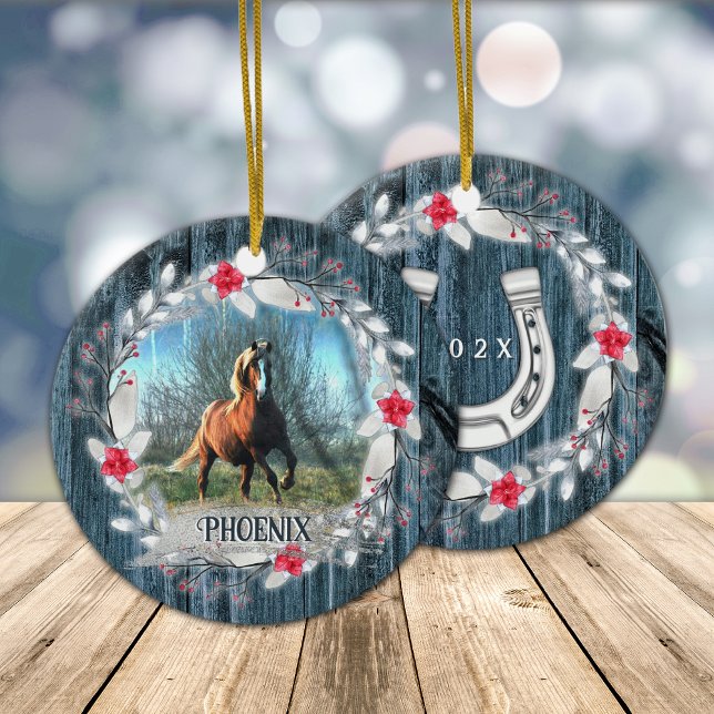 Horse photo blue wood frame silver ceramic tree decoration (Horse photo Christmas ornament with blue barn wood frame and silver horseshoe, personalized horse.)