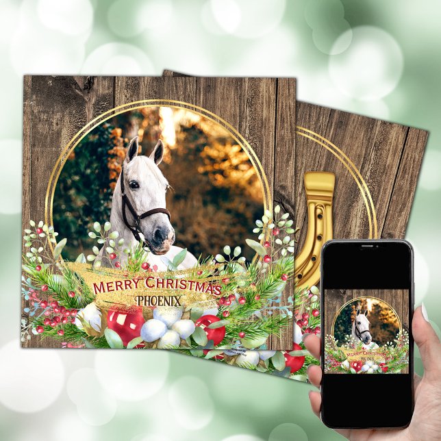 Horse photo wood frame gold Christmas  Holiday Card (Horse personalized photo Christmas card with barn wood, Christmas wreath, gold horse shoe.)