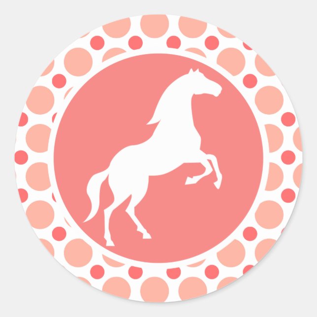 Horse; Pink & Coral Polka Dots Classic Round Sticker (Front)