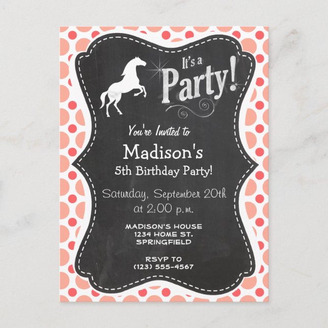 Horse; Pink & Coral Polka Dots Invitation Postcard (Front)