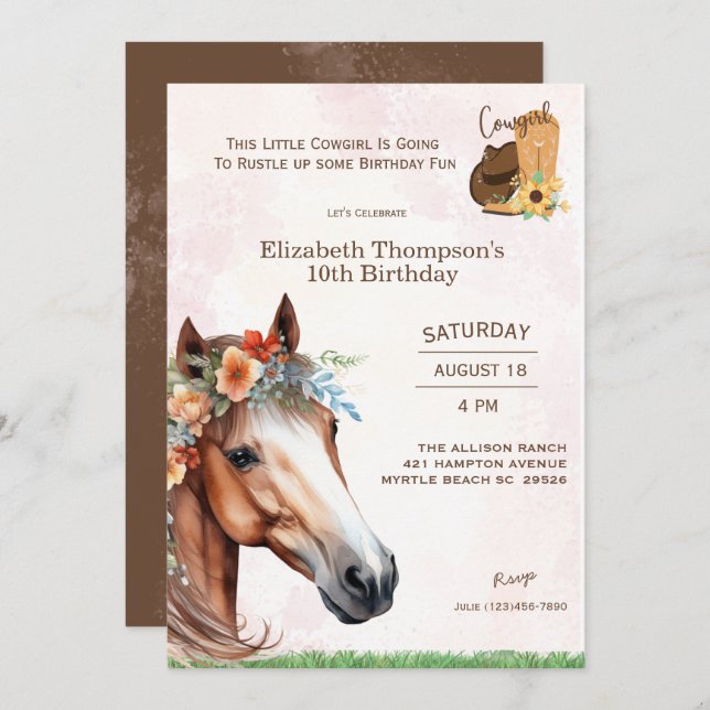  Horse Pink Floral  Birthday Invitation (Front/Back)
