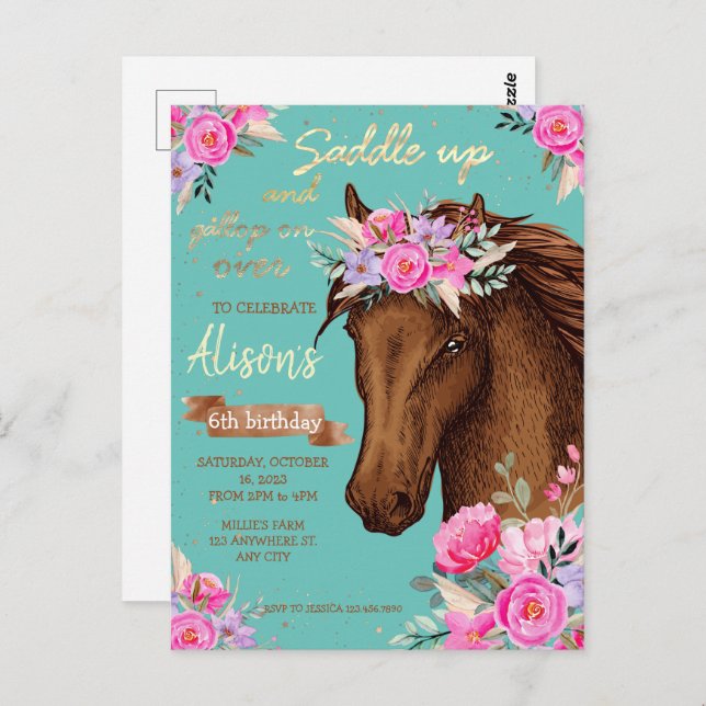 Horse Pink Floral Birthday  Postcard (Front/Back)