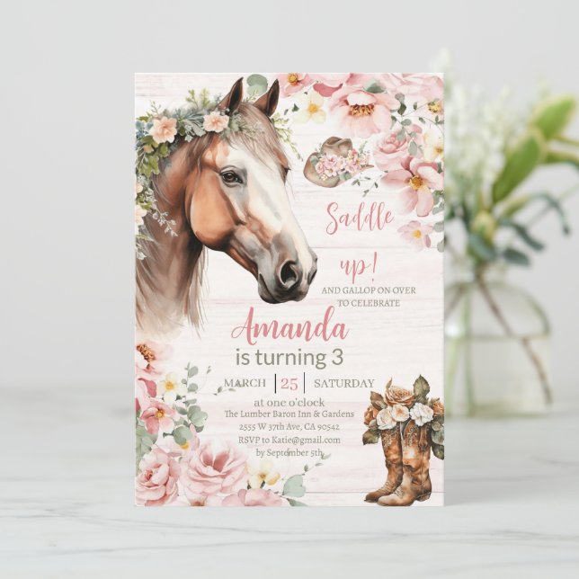 Horse Pink Floral Girl Saddle Up Cowgirl Birthday Invitation (Standing Front)