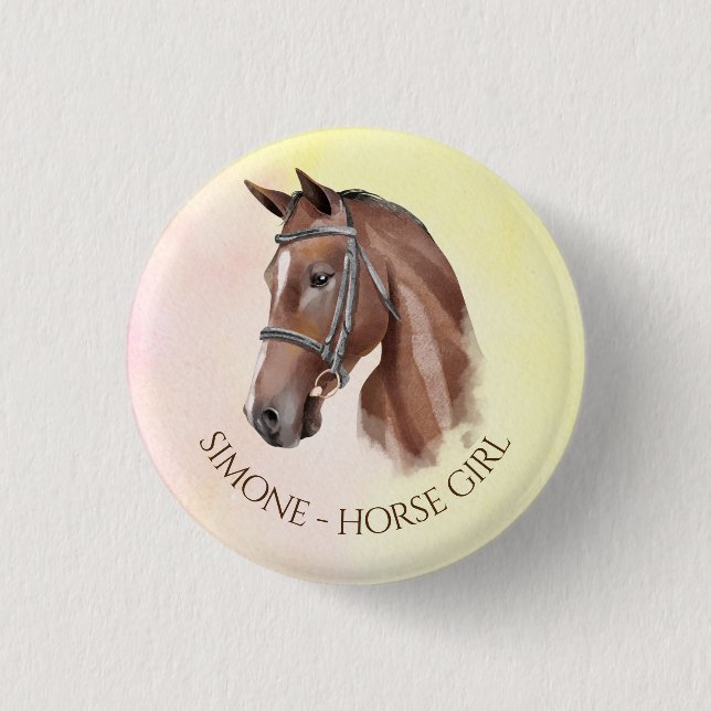 Horse portrait cowgirl equestrian personalised 3 cm round badge (Front)
