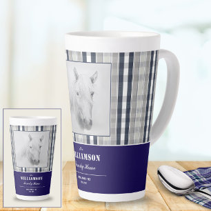 Horse Portrait Navy Blue Plaid Custom Name Large Latte Mug