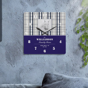 Horse Portrait Navy Blue Plaid Personalised Name Square Wall Clock