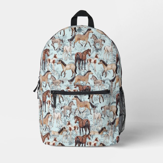 Horse Print Pretty Aqua Floral  Girl's Printed Backpack (Front)