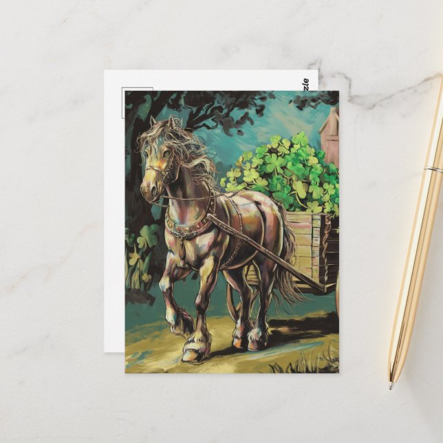 Horse Pulling A Cart Full of Shamrocks Postcard (Front/Back In Situ)