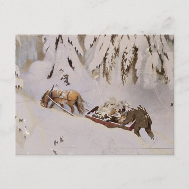 Horse Pulling Sled Through the Woods Postcard (Front)