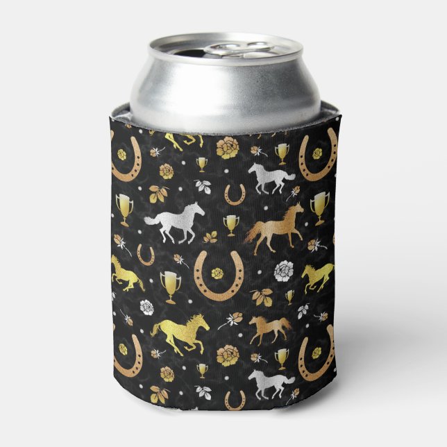 Horse Racing Derby Day Black Gold Pattern Monogram Can Cooler (Can Front)
