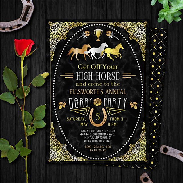 Horse Racing Derby Day Party Art Deco Black Gold Invitation (Creator Uploaded)