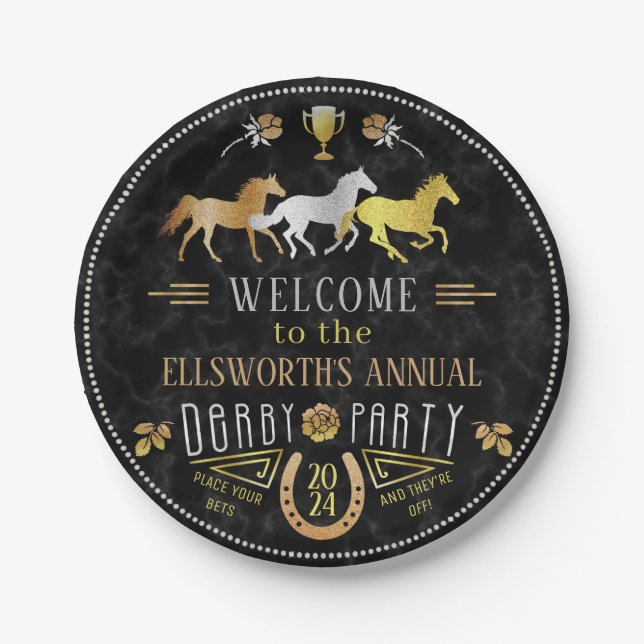 Horse Racing Derby Day Party Art Deco Black Gold Paper Plate (Front)