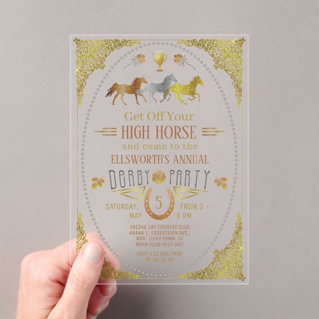 Horse Racing Derby Day Party Art Deco Silver Gold Acrylic Invitations (Insitu (Handheld))