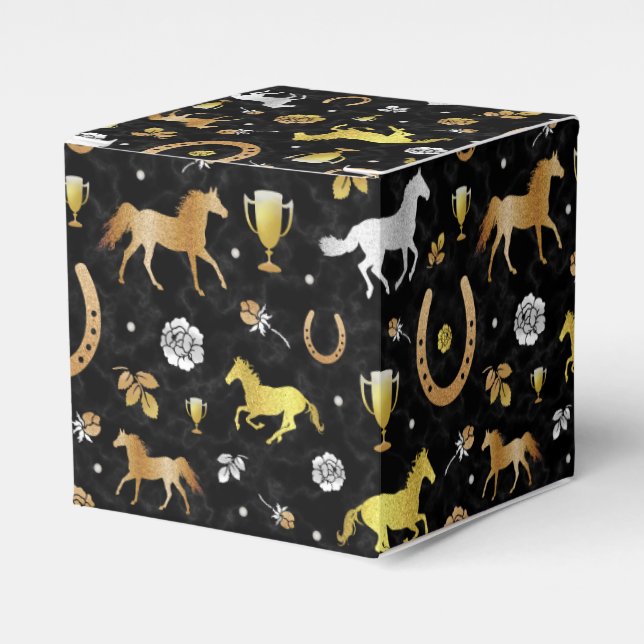 Horse Racing Derby Day Party Black Gold Pattern Favour Box (Front Side)