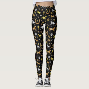 Horse Racing Derby Day Party Black Gold Pattern Leggings