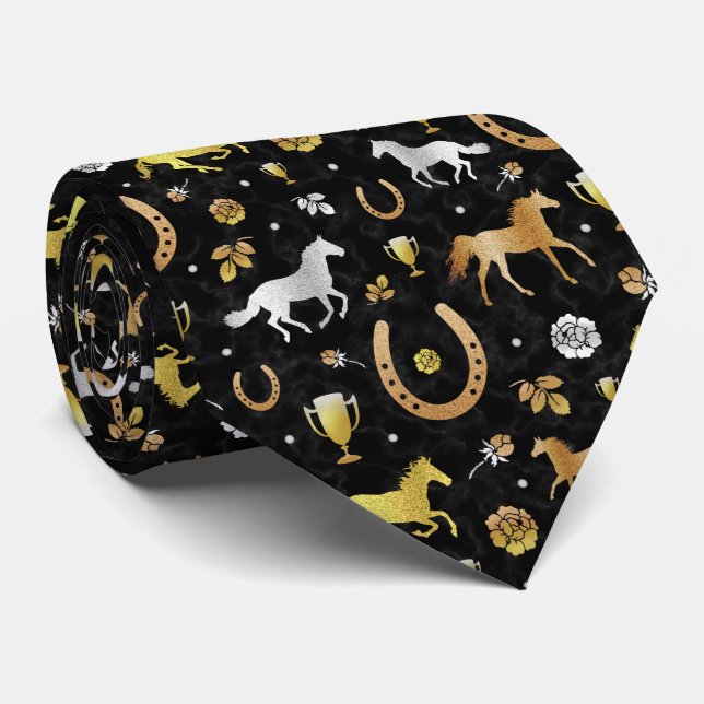 Horse Racing Derby Day Party Black Gold Pattern Tie (Rolled)