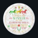 Horse Racing Derby Day Party Colourful Winner Priz Magnet<br><div class="desc">This beautiful horse racing derby day "winner prize" party design is made in shades of green, golden yellow, and red on a grey / white background with a slight marble effect. The design includes three racing horses, a trophy, and a horseshoe. All text can be altered except "Derby Party." "Customise...</div>