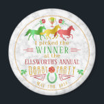 Horse Racing Derby Day Party Colourful Winner Priz Magnet<br><div class="desc">This beautiful horse racing derby day "winner prize" party design is made in shades of green, golden yellow, and red on a grey / white background with a slight marble effect. The design includes three racing horses, a trophy, and a horseshoe. All text can be altered except "Derby Party." "Customise...</div>