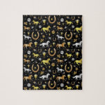 Horse Racing Horseshoes Derby Pattern Black Gold Jigsaw Puzzle<br><div class="desc">Celebrate your love of horses and derbies with this challenging all-over-pattern jigsaw puzzle. The gorgeous pattern is made in black, silver, and gold. It includes horses, trophies, horseshoes, and flowers. Choose your own puzzle size and piece count. TIP: You can customize this design, select the pattern, and make it smaller...</div>