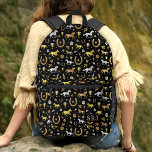 Horse Racing Horseshoes Derby Pattern Black Gold Printed Backpack<br><div class="desc">Celebrate your love of horses and derbies with this gorgeous seamless pattern in black, silver, and gold. This repeating pattern with a retro vibe includes horses, trophies, horseshoes, and flowers. Add your custom monogram to the pocket. Use the easy template to personalise. Find more fun backpack designs and other custom...</div>