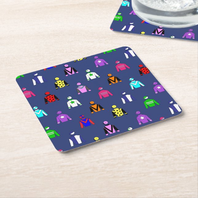 Horse Racing Jockey Silks on Navy Blue Square Paper Coaster (Angled)