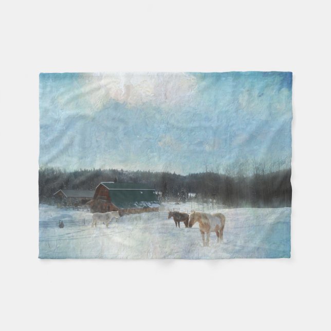 Horse Ranch, Barns and Snow Painting Fleece Blanket (Front (Horizontal))