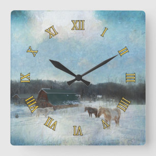 Horse Ranch, Barns and Snow Painting Square Wall Clock