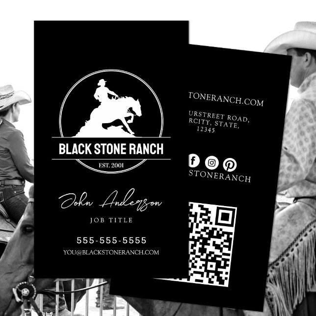 Horse ranch logo reining western barn branding business card (Ranch logo business card QR code social icons horse business western barn marketing.)