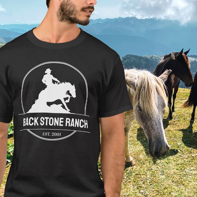 Horse ranch logo reining western barn branding T-Shirt (Black t-shirt ranch logo design, sliding reining horse business.)