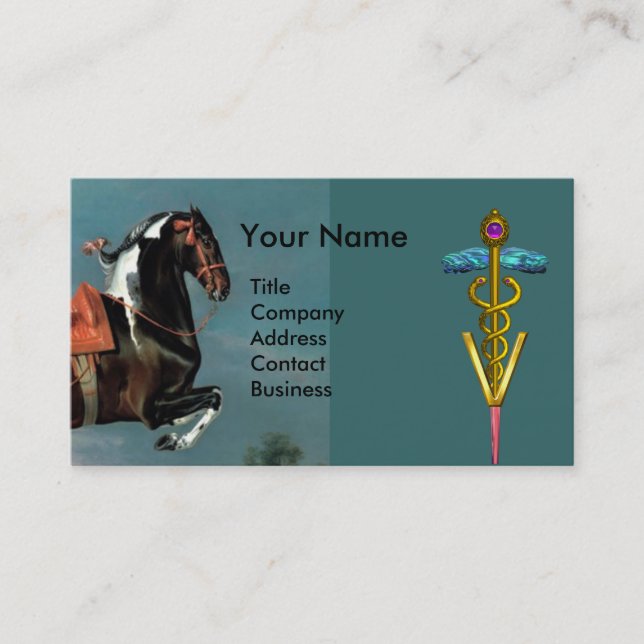 HORSE REARING AND GOLD CADUCEUS VETERINARY SYMBOL BUSINESS CARD (Front)