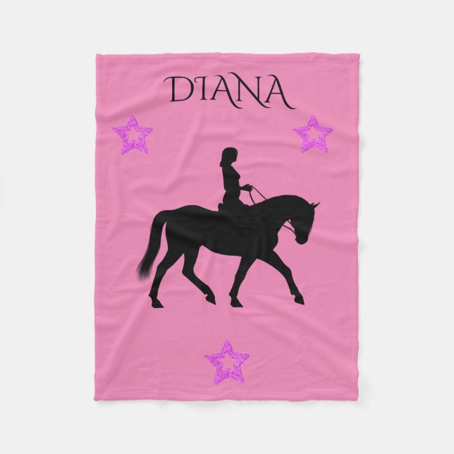 Horse & rider pink personalised fleece blanket. (Front)