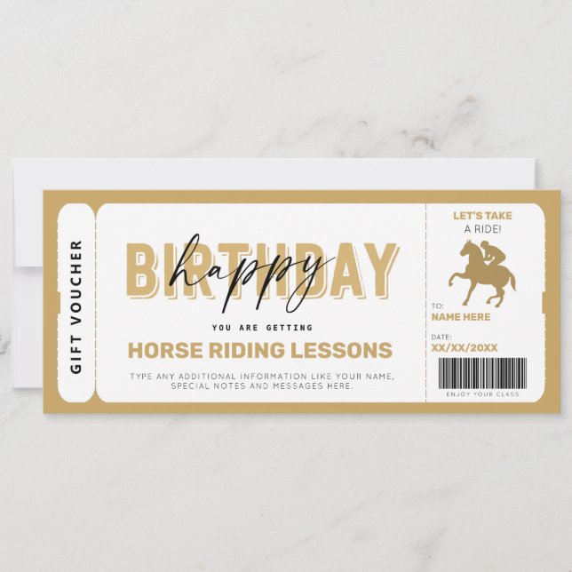 Horse Riding Lessons Gold Gift Ticket Voucher (Front)