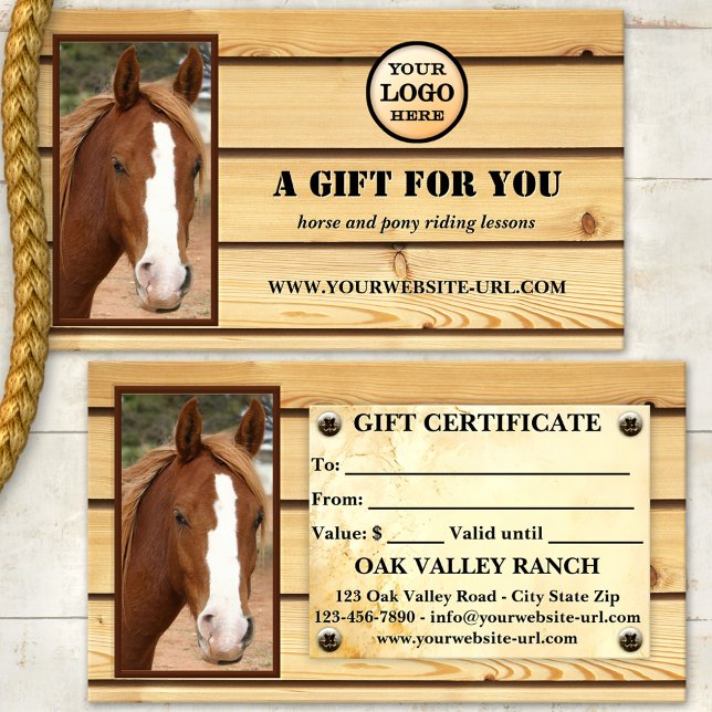 Horse Riding Lessons Photo Gift Certificate (Rustic wood custom photo equine gift certificate template for horse or pony riding lessons)