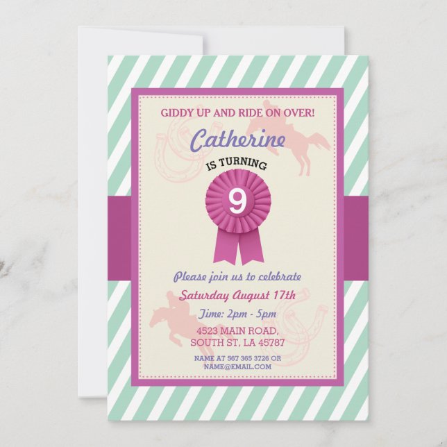 Horse Riding Party Invite Stripe Mint Pink Invite (Front)