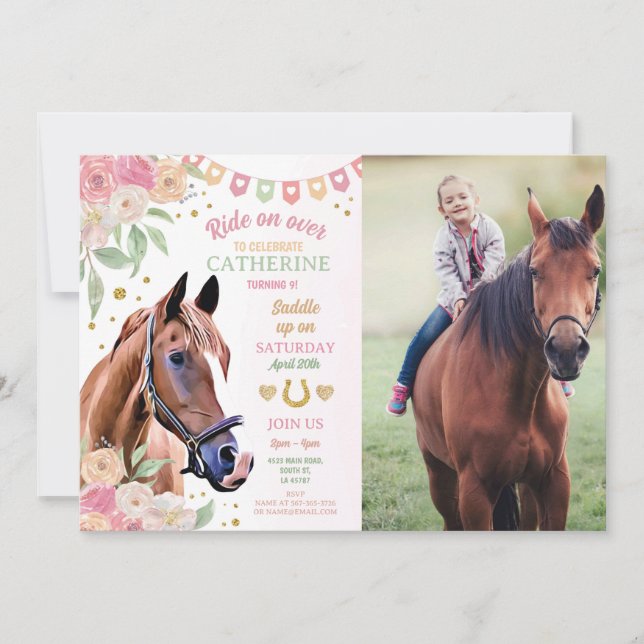 Horse Riding Party Photo Pony Flower Girl Birthday Invitation (Front)