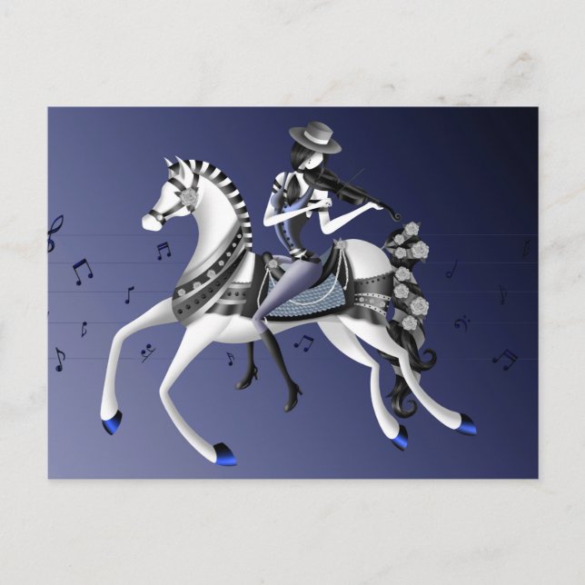 Horse Riding Violinist Blue Postcard (Front)